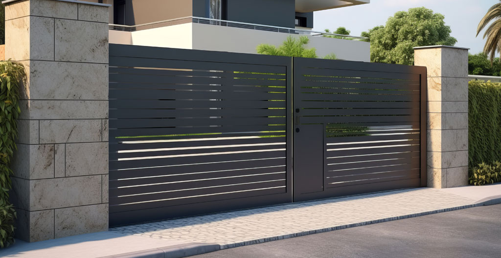 Detalle de puerta batiente exterior con lamas mixtas y zona de visibilidad