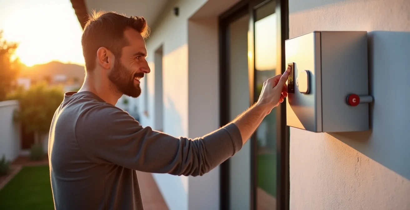 Sistema de aerotermia instalado en exterior de vivienda con radiadores de baja temperatura visibles a través de ventana
