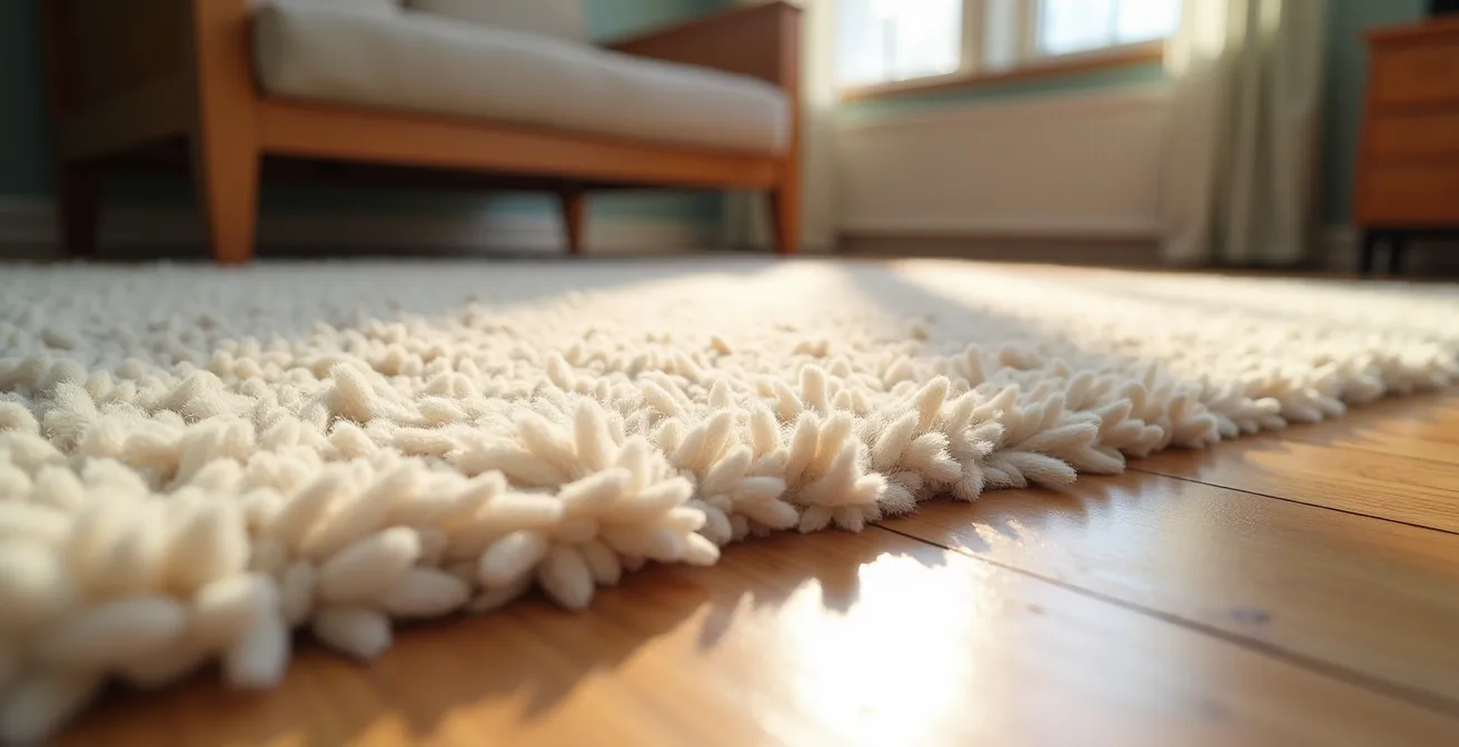 Salón con dos alfombras diferentes delimitando zona de TV y zona de lectura