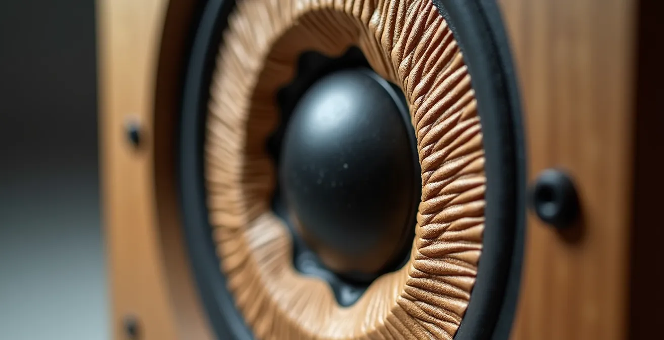 Detalle técnico de altavoz instalado en mueble con materiales de aislamiento acústico