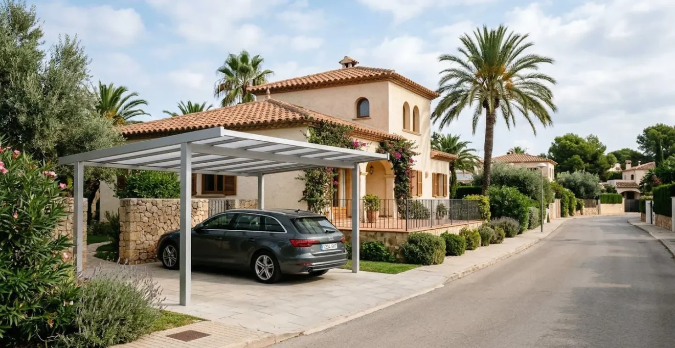 Carport de aluminio protegiendo vehículo en vivienda unifamiliar española