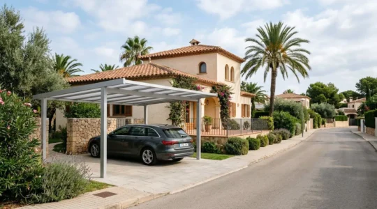 Carport de aluminio protegiendo vehículo en vivienda unifamiliar española