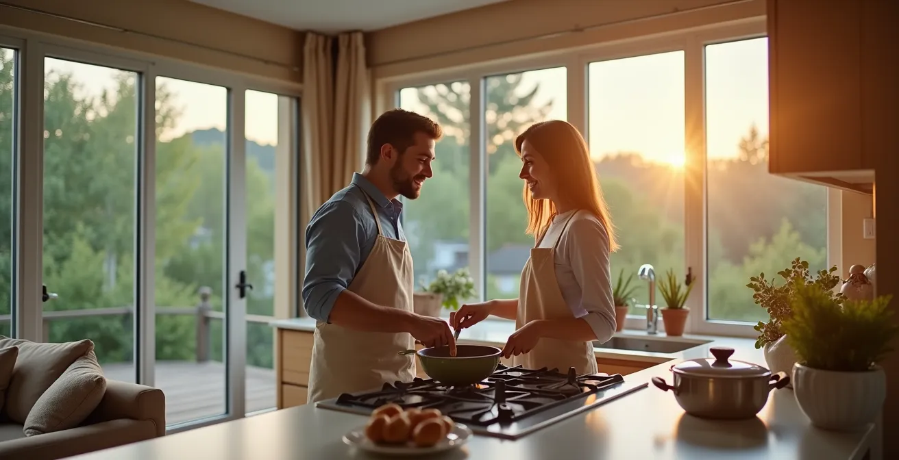 Cocina integrada con cerramiento de cristal y puertas correderas