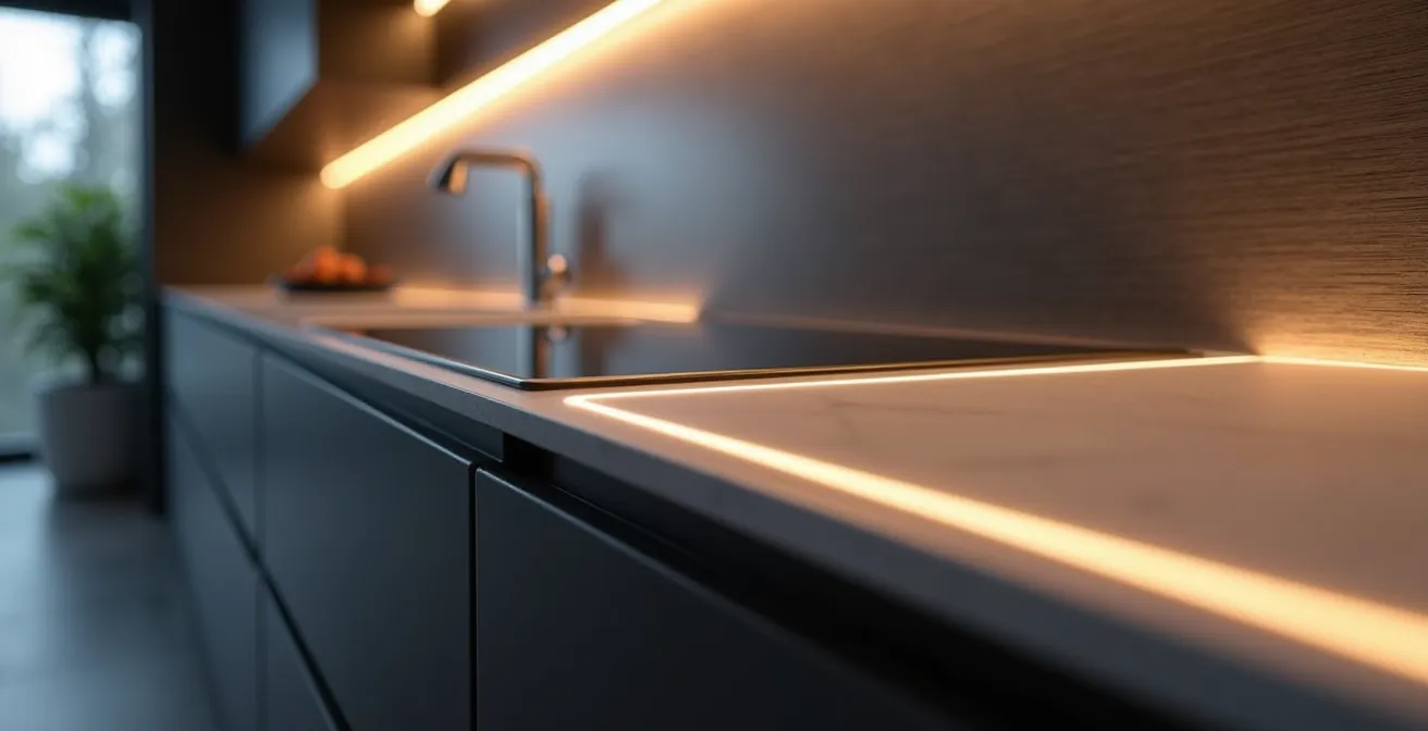 Cocina antracita con sistema de iluminación en capas mostrando diferentes fuentes de luz