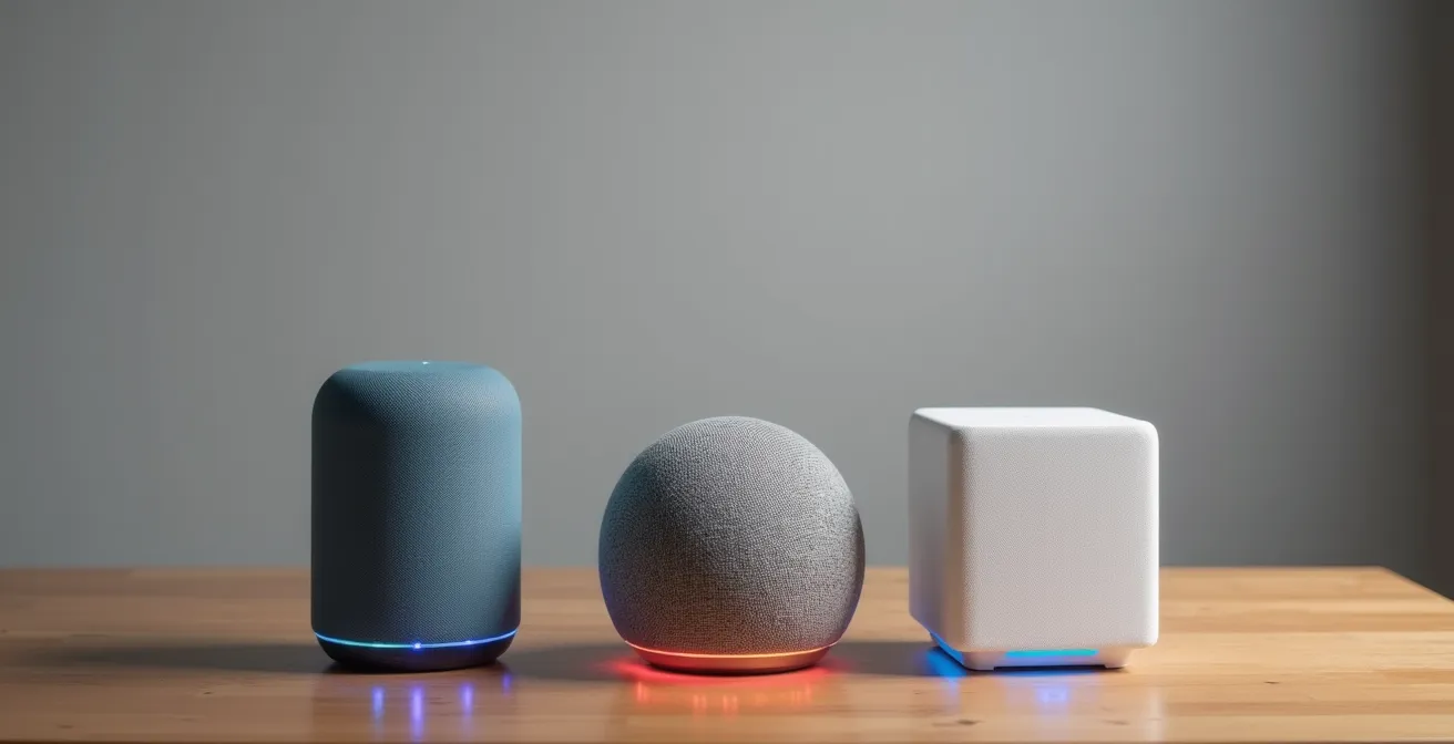 Mesa con tres asistentes de voz diferentes y dispositivos móviles compatibles