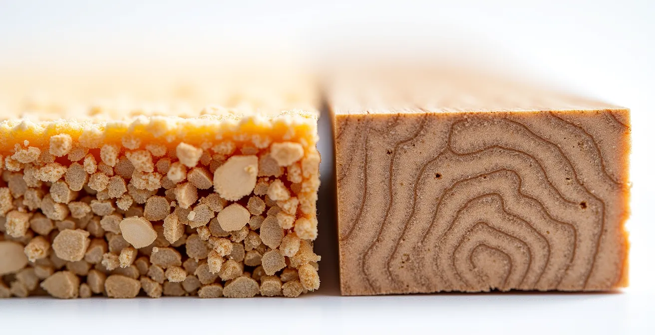 Comparación microscópica entre la estructura de un tablero de aglomerado con adhesivos y la fibra natural de madera maciza