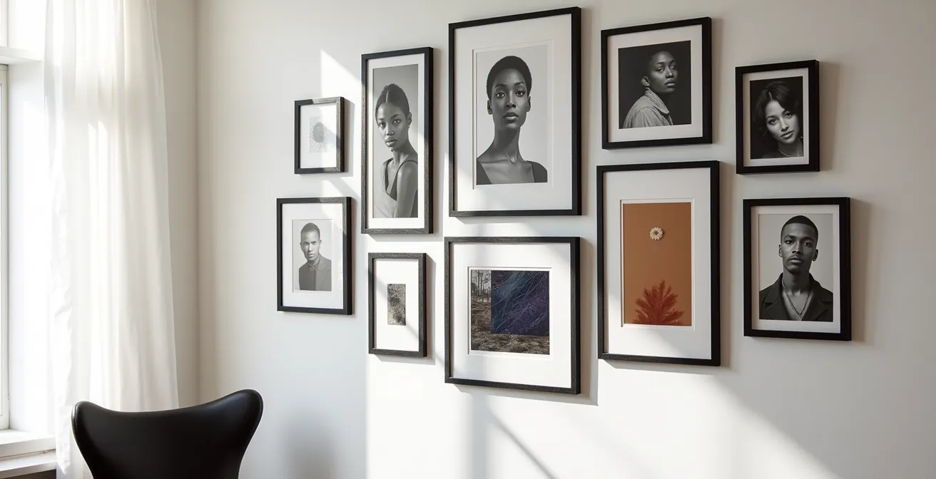 Galería de pared combinando fotografías en blanco y negro con pinturas coloridas