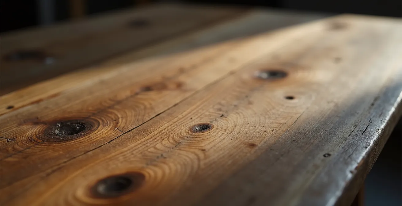 Detalle macro de superficie de madera antigua mostrando la pátina natural y marcas del tiempo