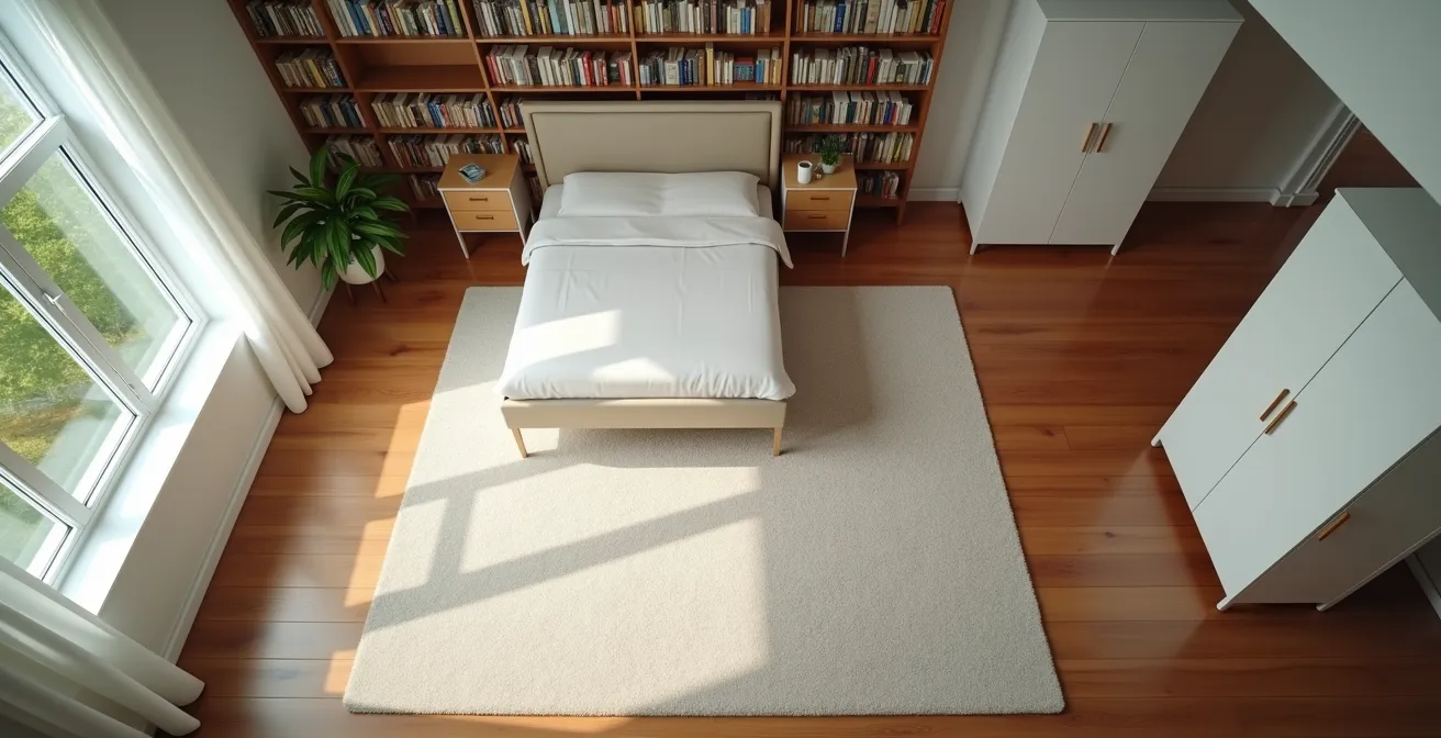 Vista cenital de dormitorio mostrando disposición estratégica de muebles para absorción acústica