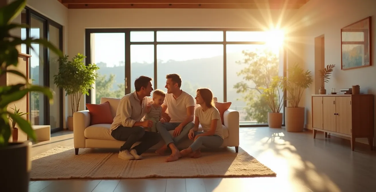 Salón amplio y luminoso con suelo radiante y sistema de climatización moderno