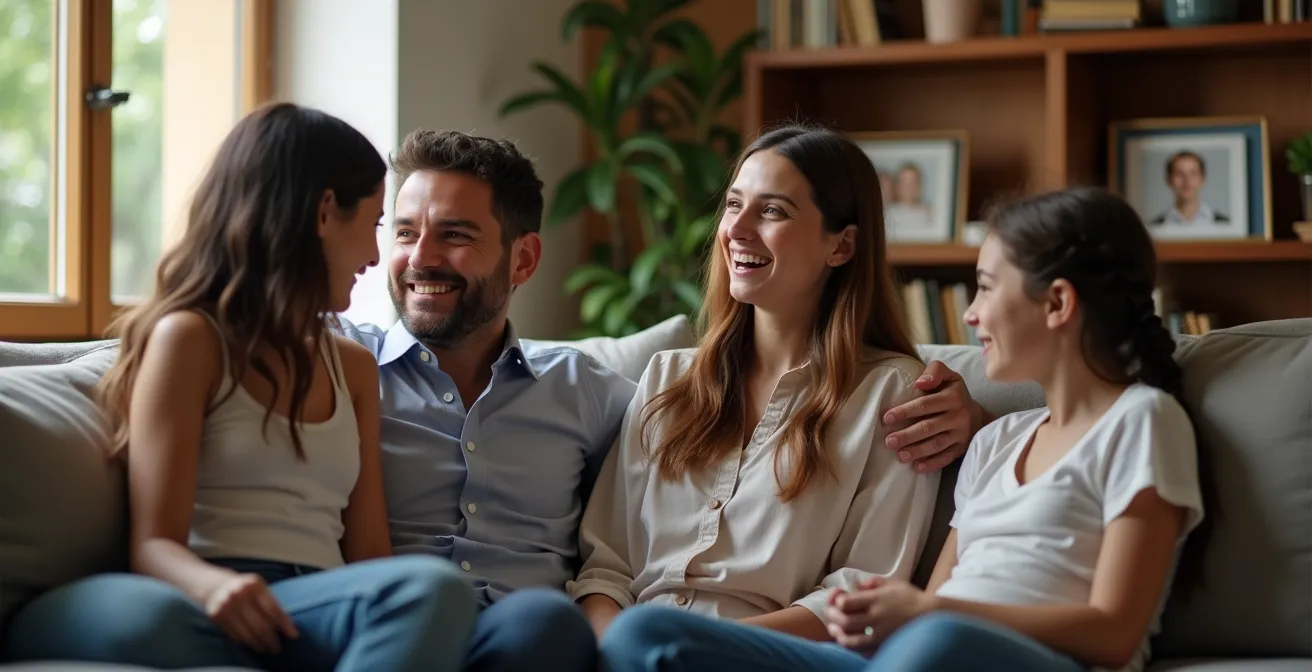 Familia conversando relajada en salón con indicador visual de cámara desconectada
