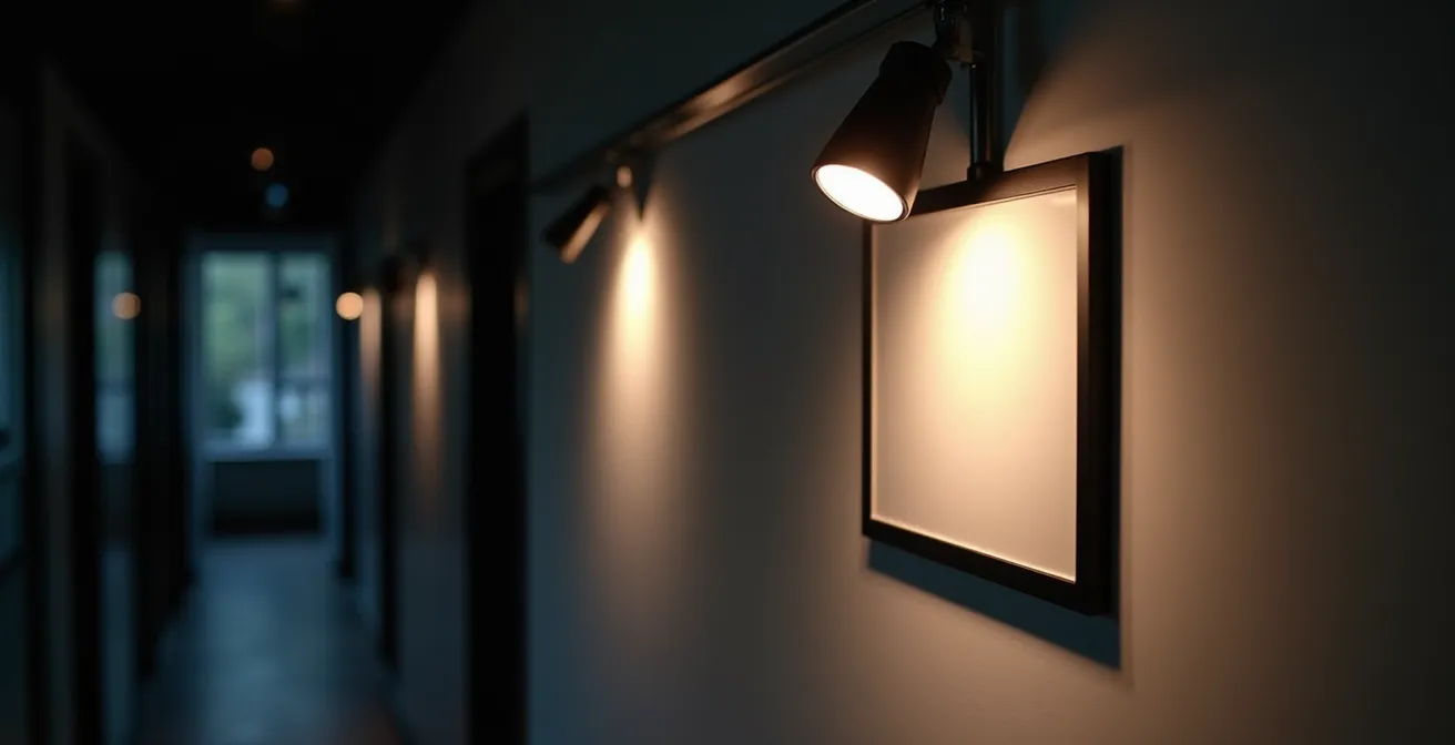 Sistema de iluminación LED para cuadros en pasillo con focos dirigibles