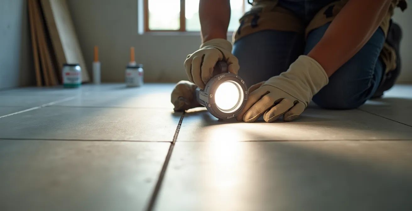 Instalador profesional verificando nivelación de baldosas con luz rasante durante colocación