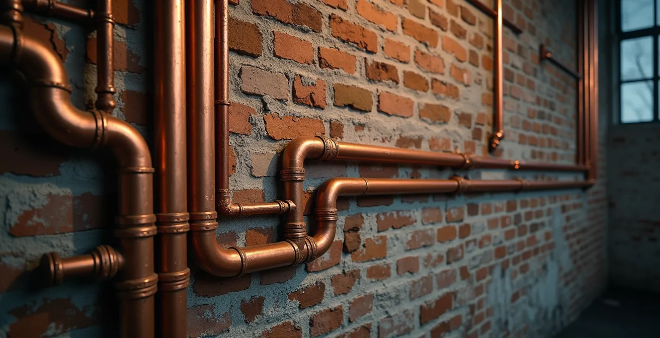 Instalación eléctrica con tuberías de cobre sobre pared de ladrillo en estilo industrial