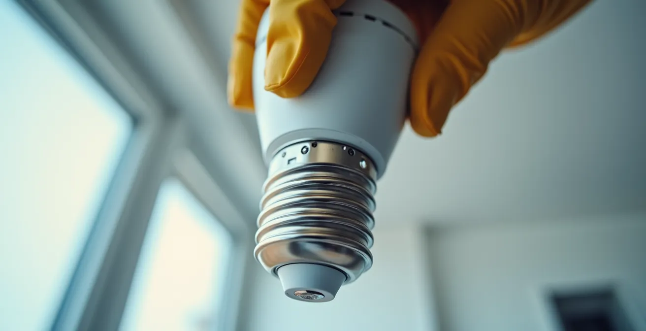 Detalle macro de instalación eléctrica con bombilla inteligente y cableado