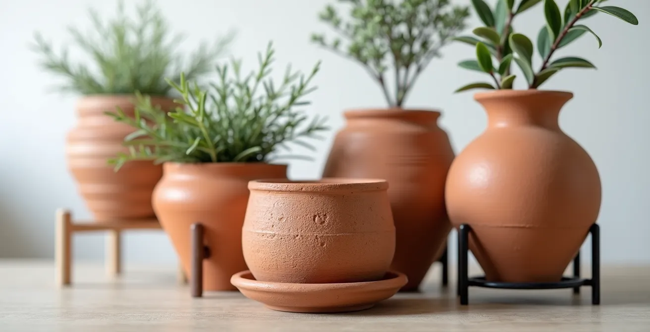 Composición de macetas de terracota de diferentes tamaños creando punto focal de biofilia en rincón