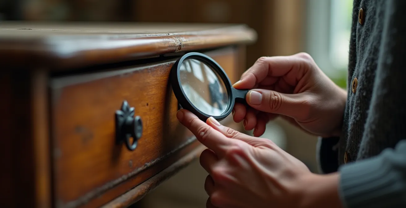 Manos inspeccionando detalles de un mueble antiguo con lupa