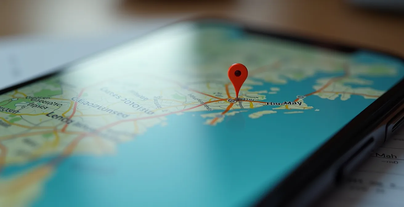 Vista aérea de una casa con círculo de geofencing y trayectoria GPS