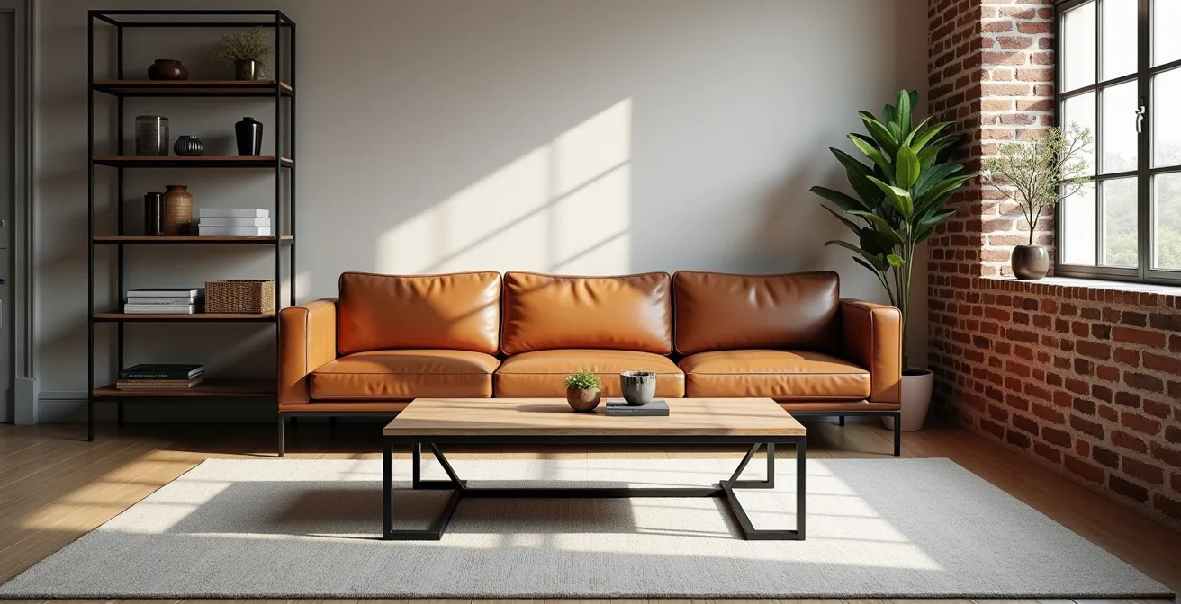 Salón industrial con muebles bajos de hierro negro y madera recuperada para maximizar la sensación de altura.