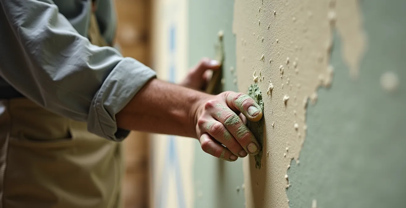 Mano profesional aplicando técnica fresco sobre húmedo en pared de cal