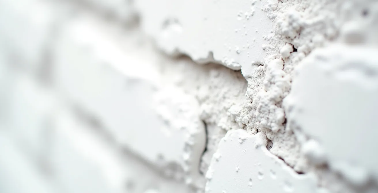 Detalle de pared de ladrillo pintada en blanco conservando textura rugosa con luz natural