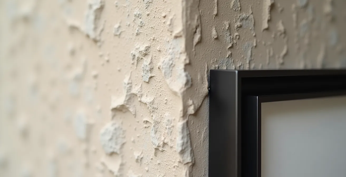 Pared con textura tadelakt irregular junto a marco metálico pulido creando contraste consciente