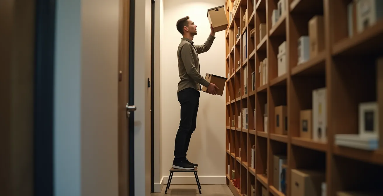 Pasillo estrecho con sistema de estanterías verticales hasta el techo y organización eficiente