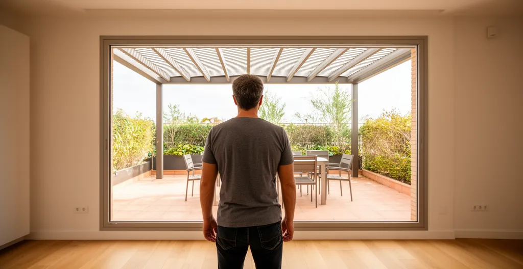 Persona observando desde el interior cómo una pérgola encaja en la fachada de la terraza