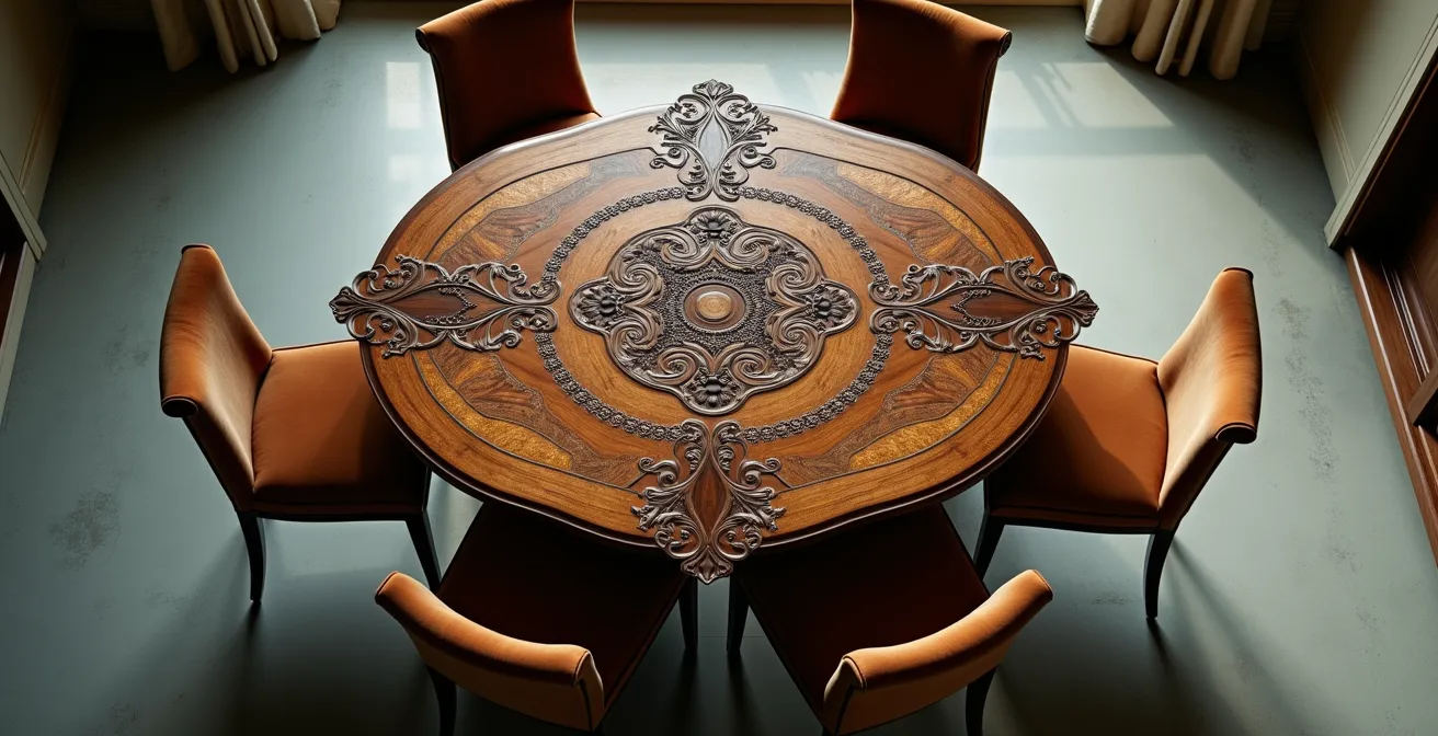 Mesa de comedor antigua ornamentada como punto focal con sillas modernas minimalistas alrededor