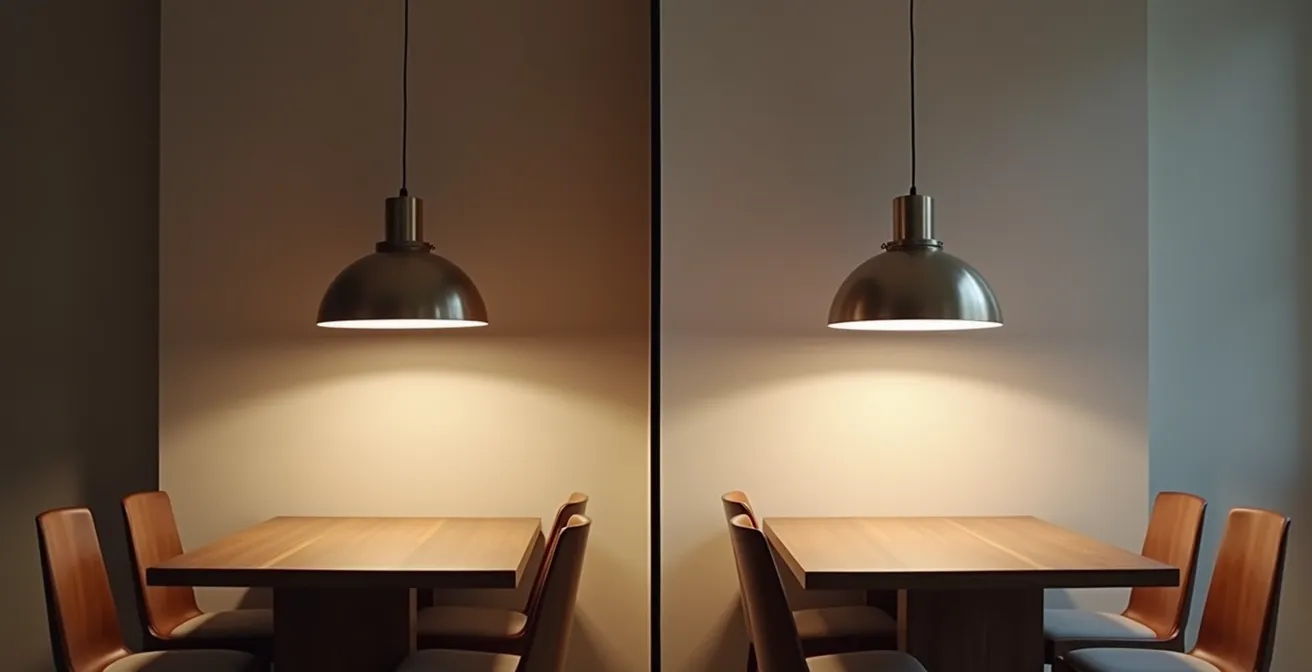 Comparación visual de proporciones entre lámpara grande correcta y pequeña incorrecta sobre mesa de comedor
