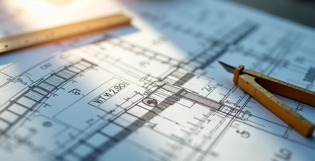 Arquitecto revisando planos estructurales con cálculos de viga