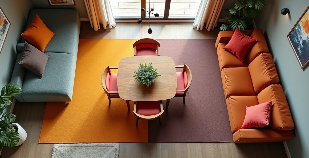 Vista aérea de salón y comedor mostrando la distribución de colores según la regla 60-30-10