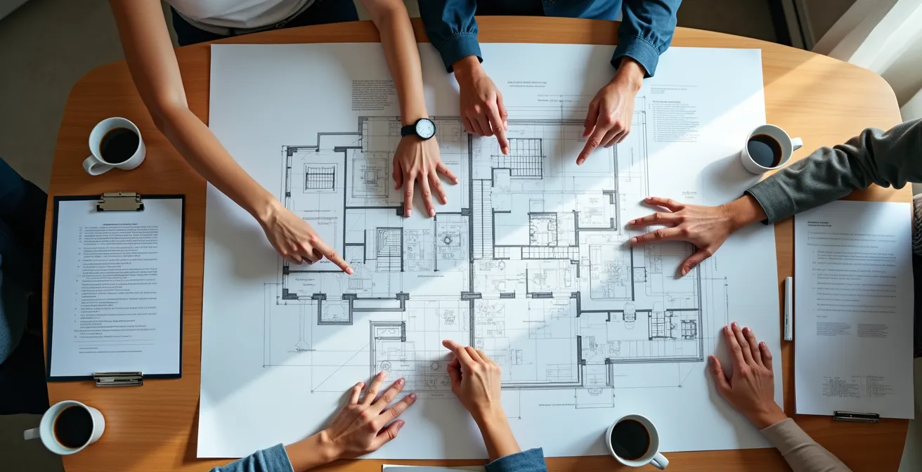 Mesa con documentos de proyecto arquitectónico y planos desplegados en reunión