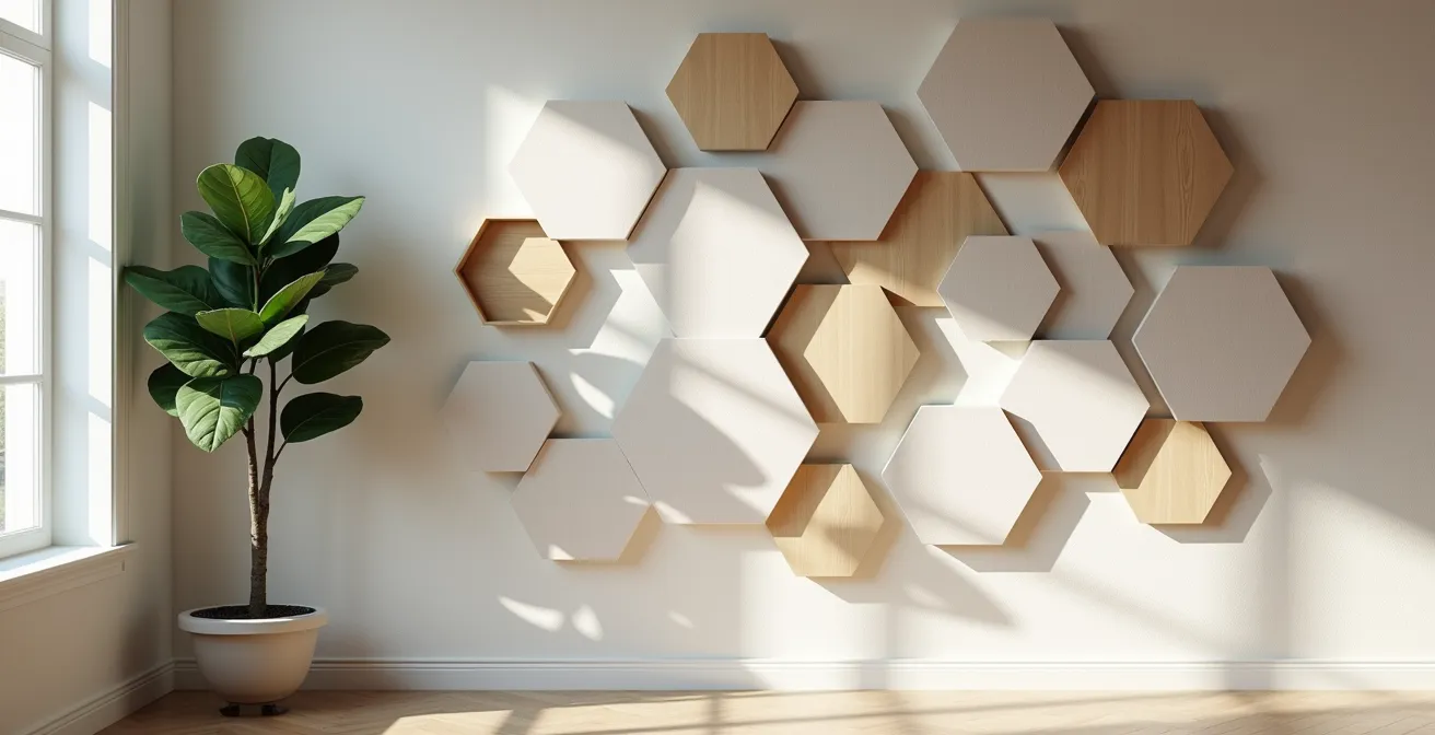 Salón minimalista con paneles acústicos decorativos integrados en la pared