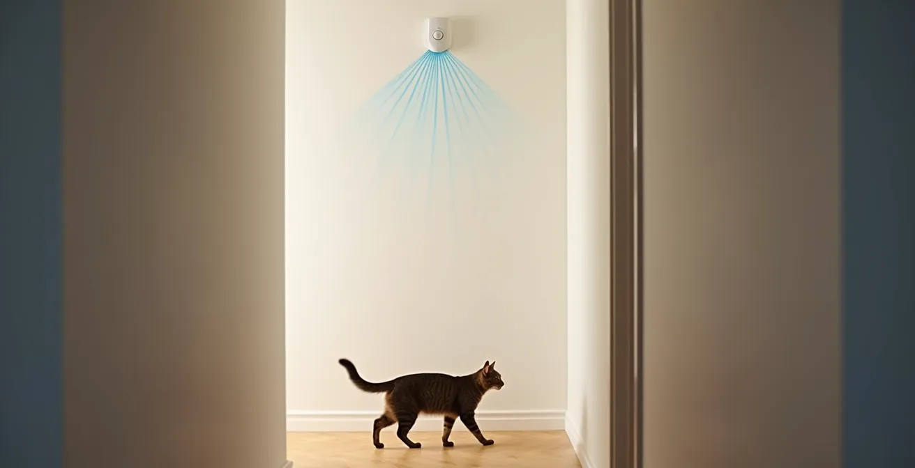 Sensor de movimiento instalado en pared a altura estratégica con gato pasando por debajo sin activarlo