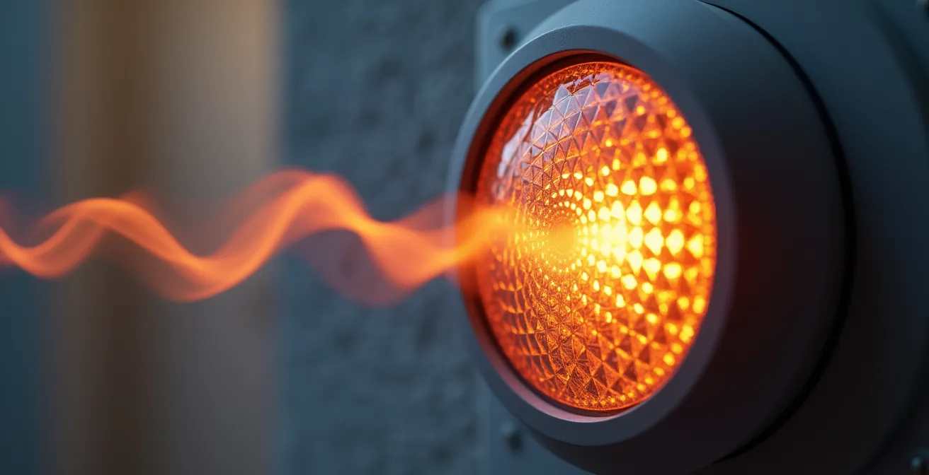 Vista técnica mostrando ondas infrarrojas distorsionadas por flujo de aire caliente de rejilla de ventilación