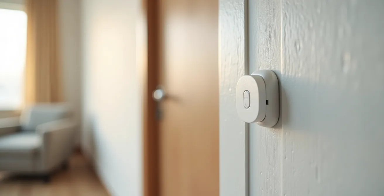 Sensor magnético ultradelgado instalado discretamente en marco de puerta blanca