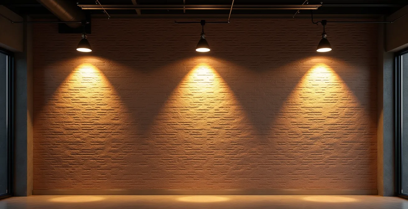 Interior industrial que muestra un sistema de iluminación en tres capas, combinando focos, apliques y una lámpara de pie, sin bombillas colgantes.