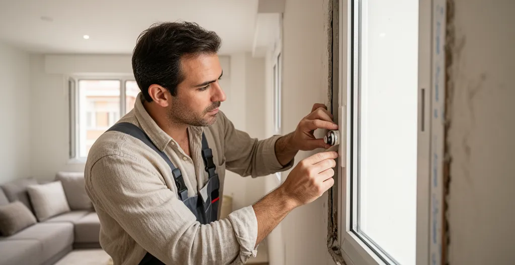 Técnico revisando el encuentro de marco y pared junto a ventana abierta
