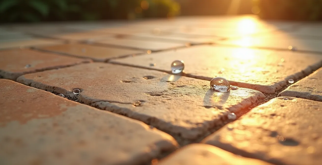 Terraza exterior con suelo de travertino envejecido mostrando su pátina natural dorada