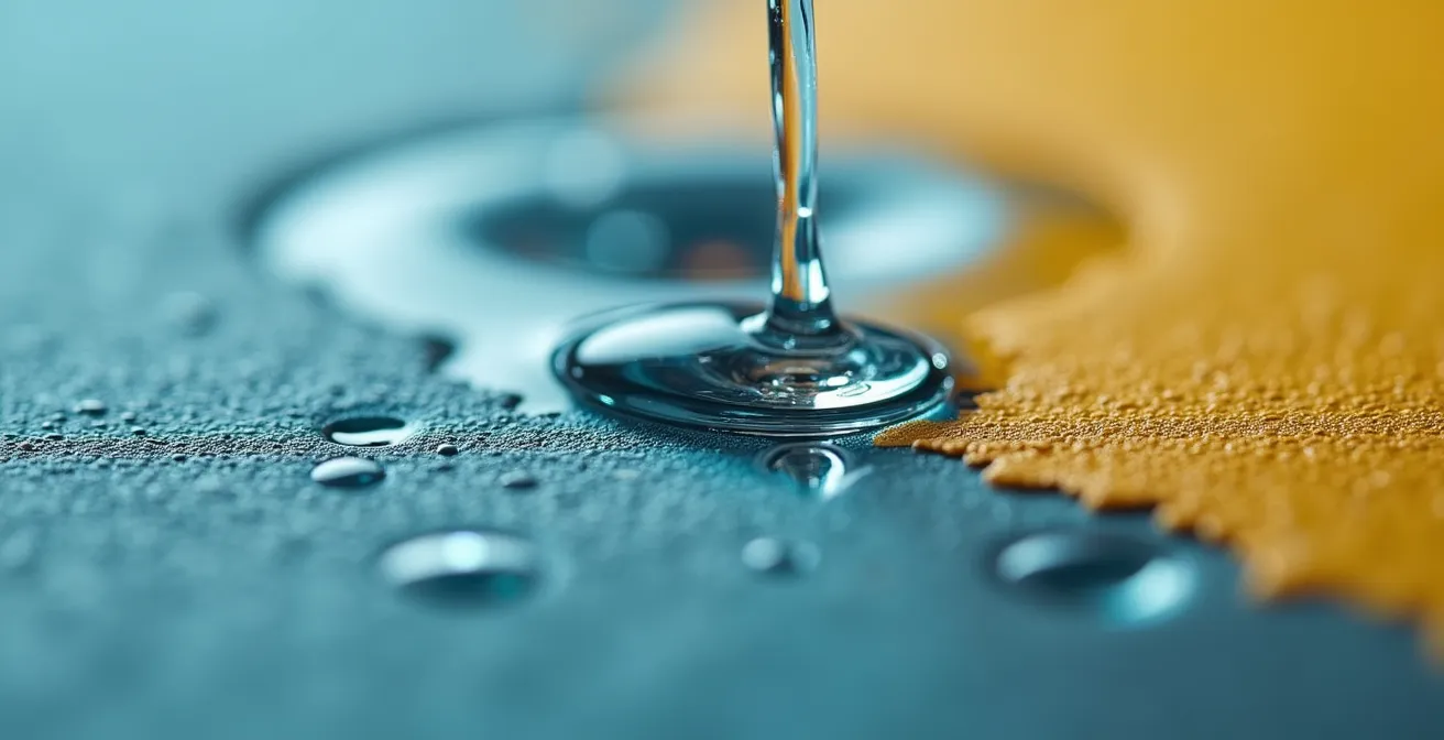 Mano aplicando test de gota de agua sobre pared pintada para diagnóstico