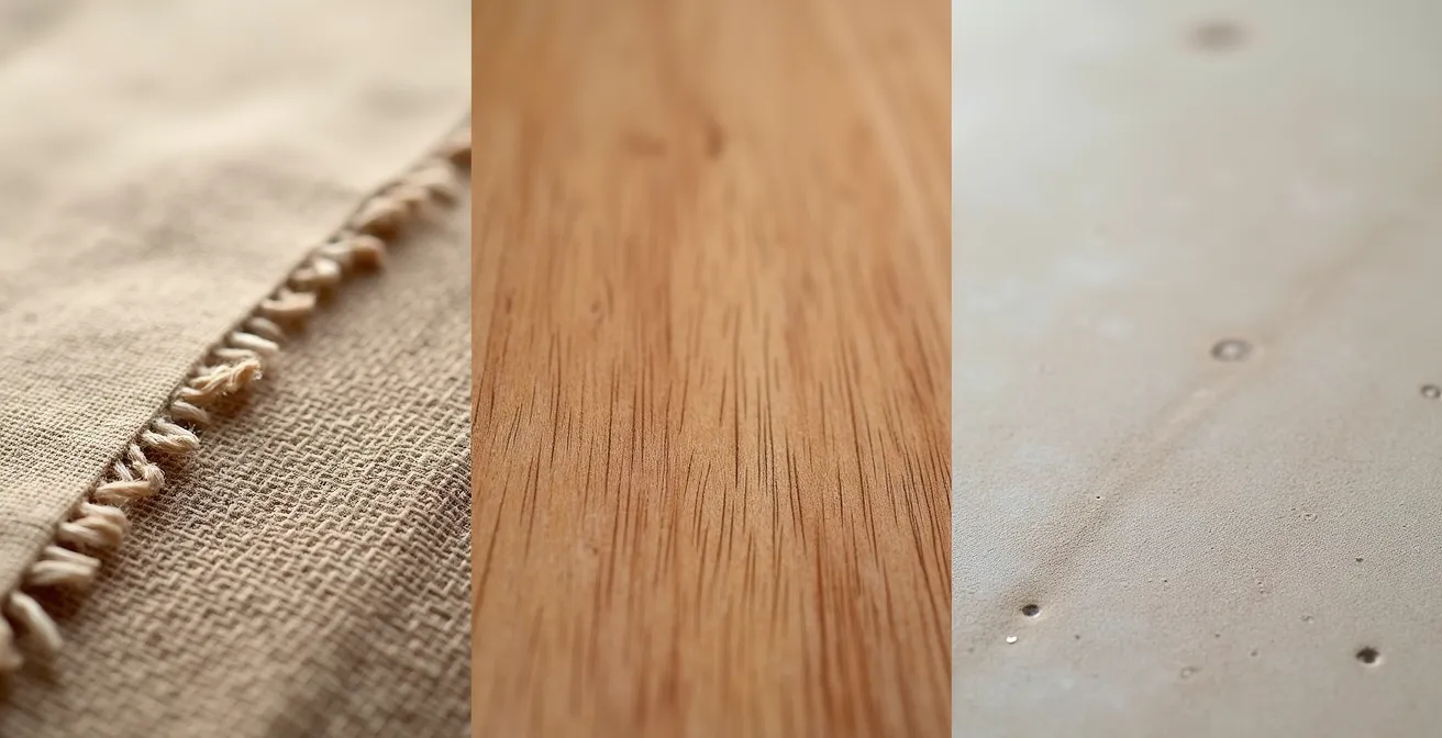 Composición macro de texturas naturales en tonos beige mostrando lino, madera y piedra