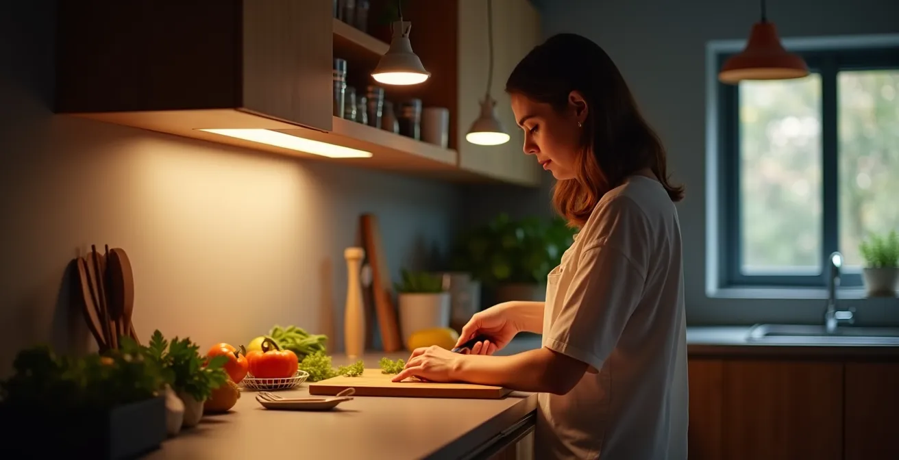 Cocina moderna mostrando el triángulo de iluminación con luz general, de trabajo y ambiental