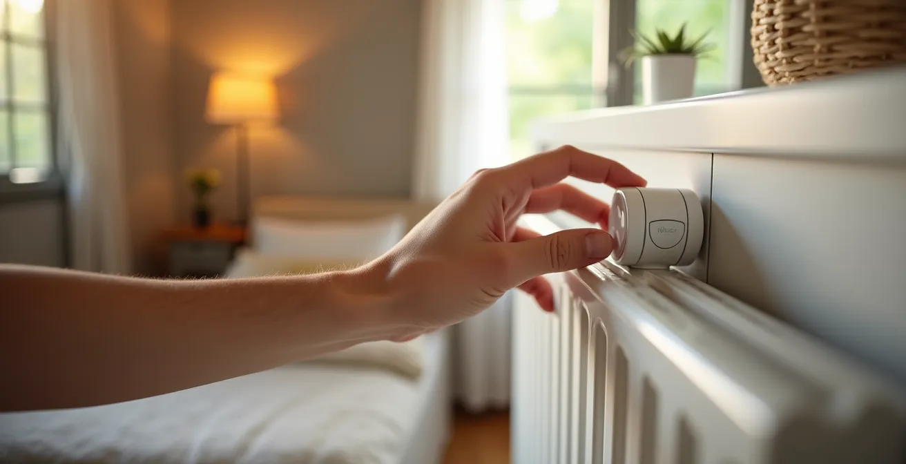 Válvula termostática inteligente instalada en radiador con control digital de temperatura por habitación