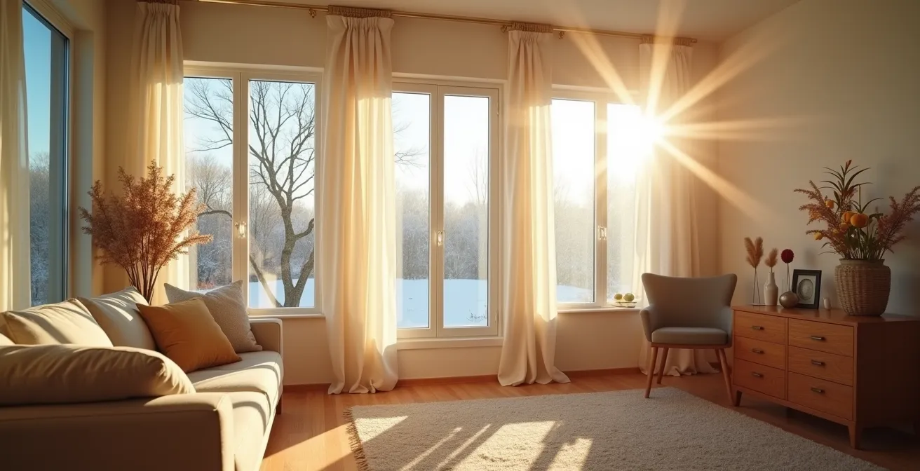 Vista amplia de salón mostrando ventilación cruzada eficiente en invierno