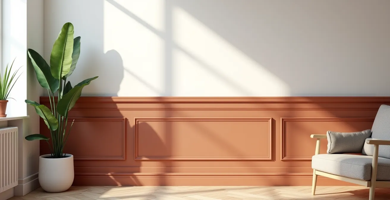 Medio zócalo de pintura terracota en salón con pared superior blanca creando línea del horizonte visual