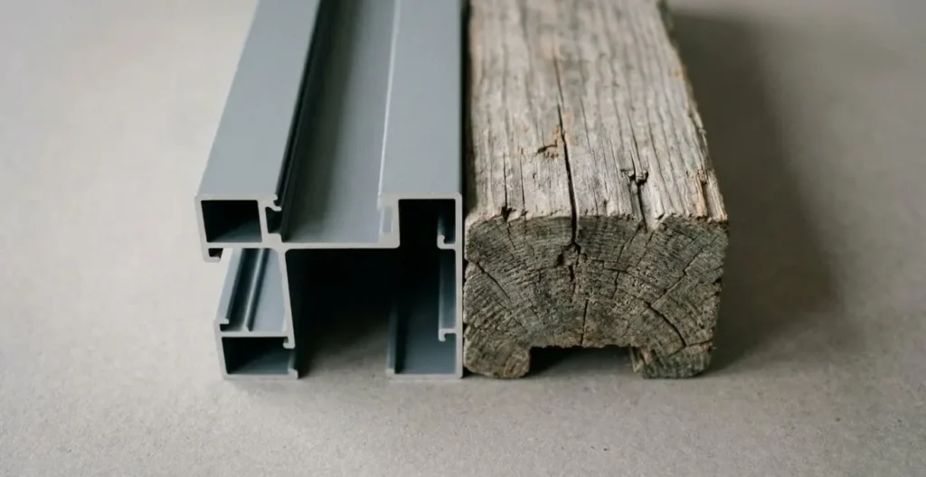 Comparación entre perfil de aluminio nuevo y viga de madera con signos de envejecimiento